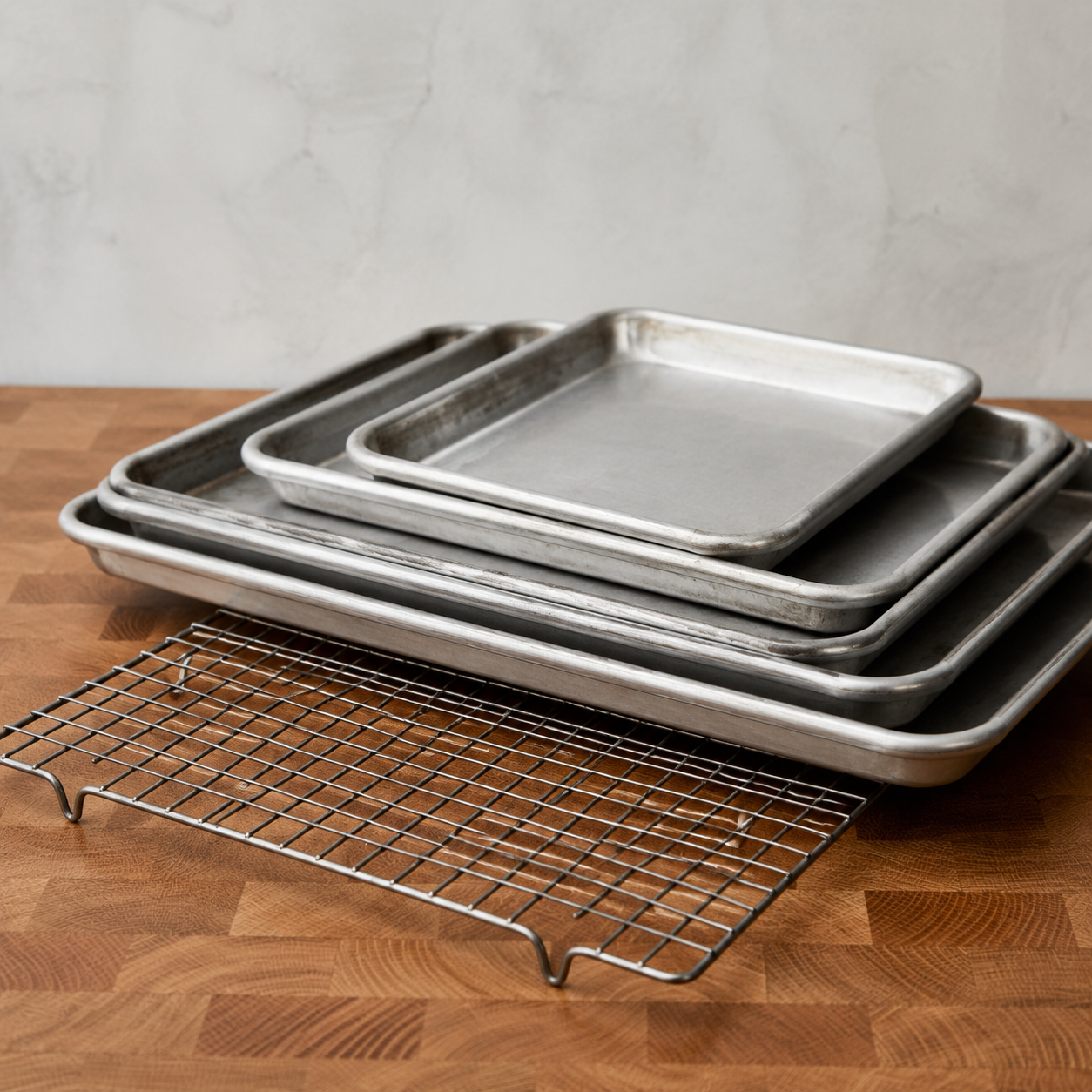 Trays on a cookshop shelf