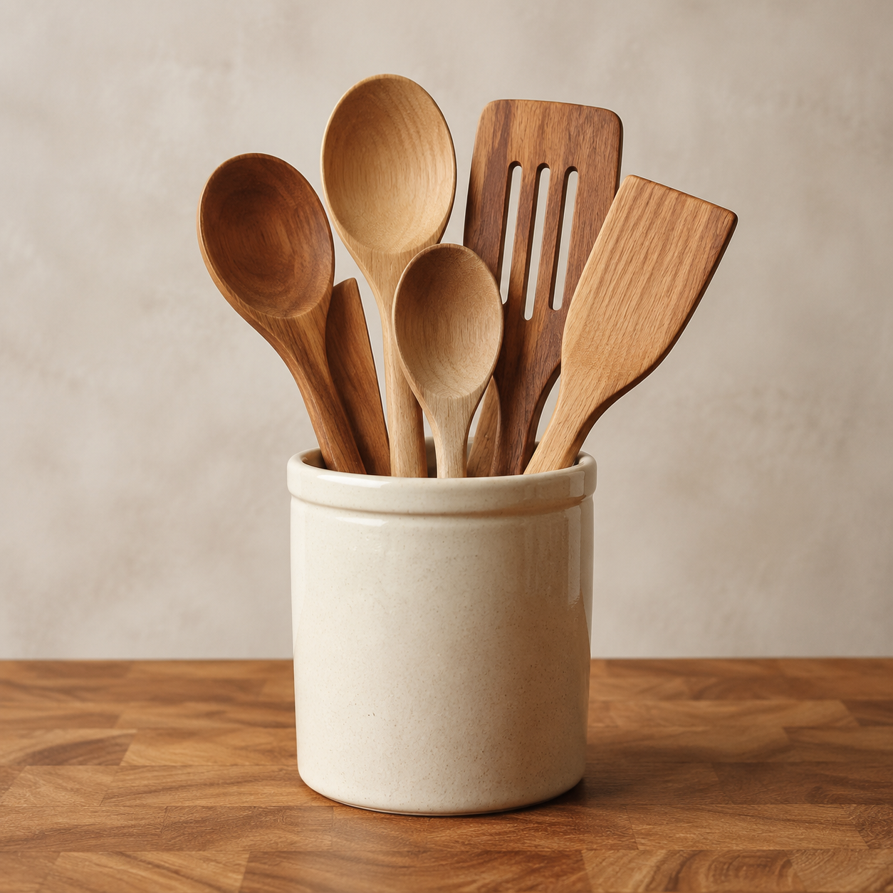 Utensils on a cookshop shelf