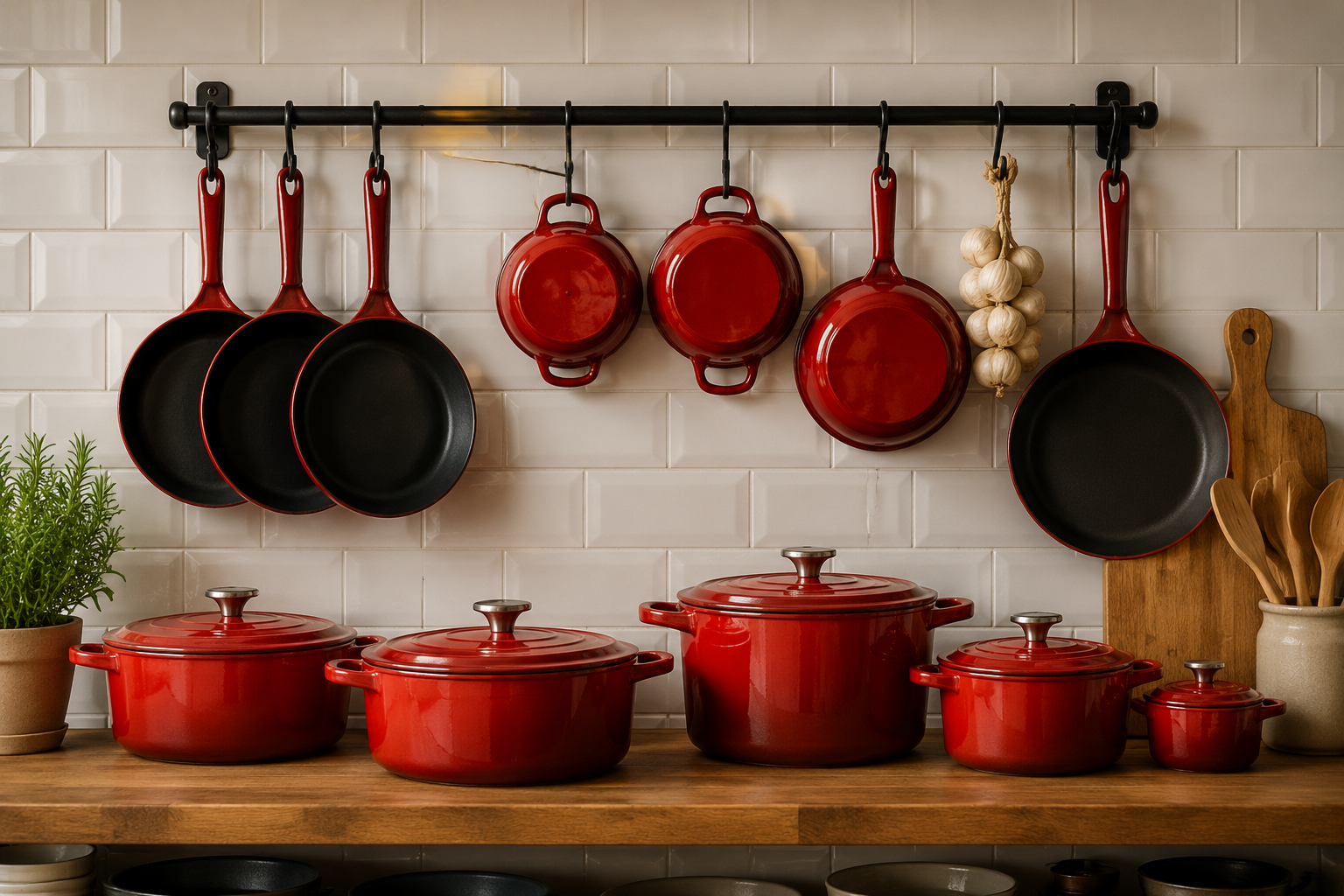 Classic cookshop wall with enamel red cookware hung on a black kitchen rail above a wooden shelf