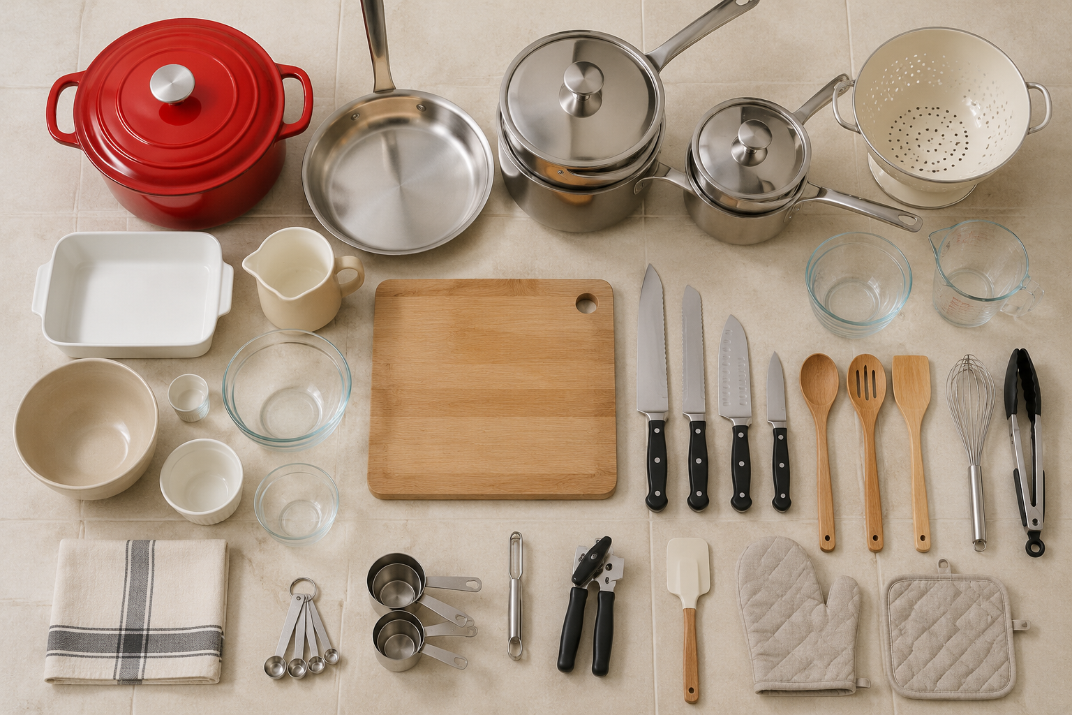 Overhead range board of curated home cookware arranged in neat groups